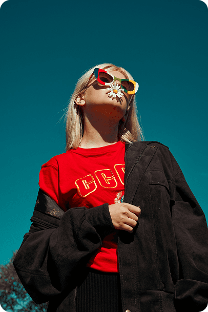 Model in red and black